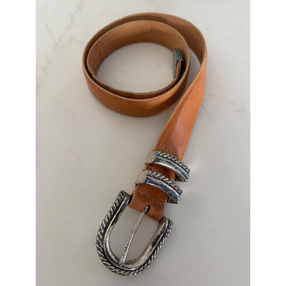 Vintage 1993 unbranded Western Tan Leather Belt Silver‎ Rope Twist Buckle Size L
